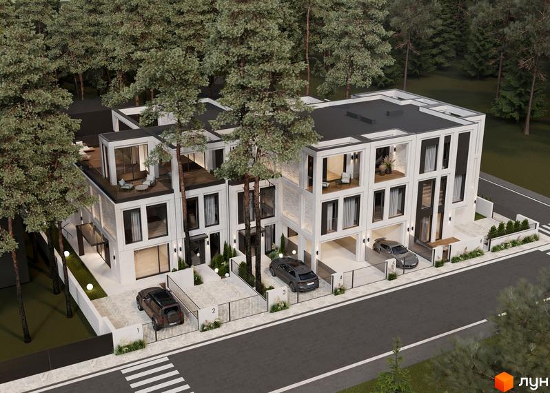 Котеджне містечко КМ Wise Homes: триповерхові будинки з панорамними вікнами та терасами, розташовані серед дерев. Прибудинкова територія огороджена, з парковкою та доглянутим ландшафтом.
