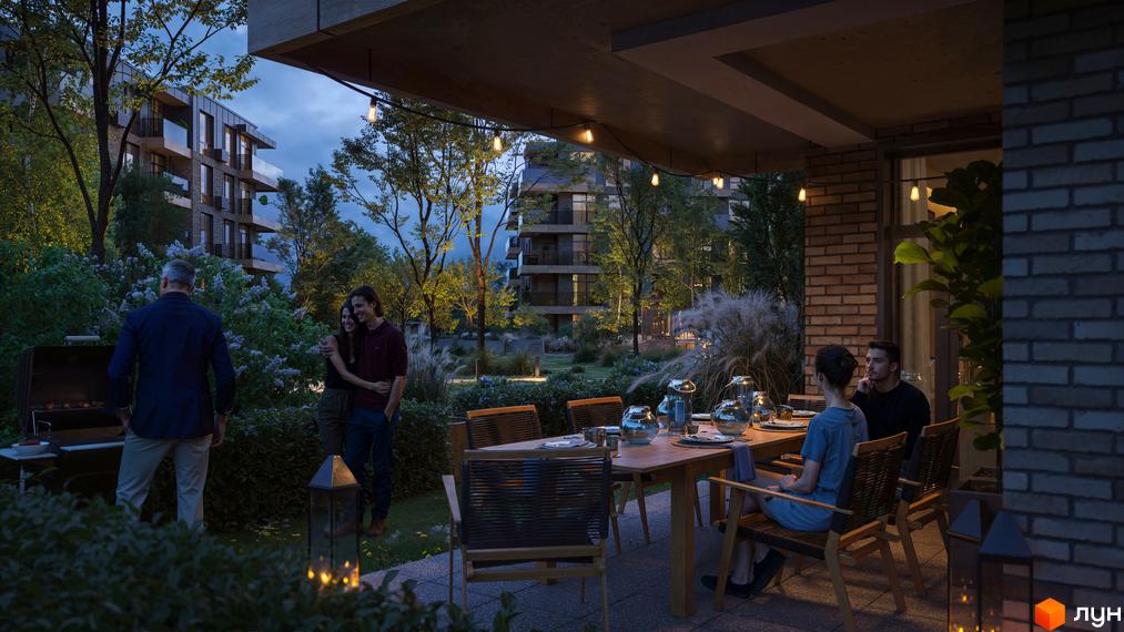 Житловий комплекс Park House з сучасним дизайном фасаду та приємною прибудинковою територією для відпочинку мешканців.