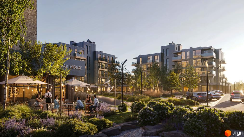 Житловий комплекс Park House. Багатоквартирні будинки з фасадами в сірих тонах, тераси, ліхтарі. На території розташовані столики ресторану, зелені насадження, парковка.