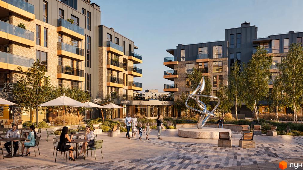 Житловий комплекс Park House з цегляним фасадом та скляними балконами, з прибудинковою територією з арт-об'єктом та зонами відпочинку.