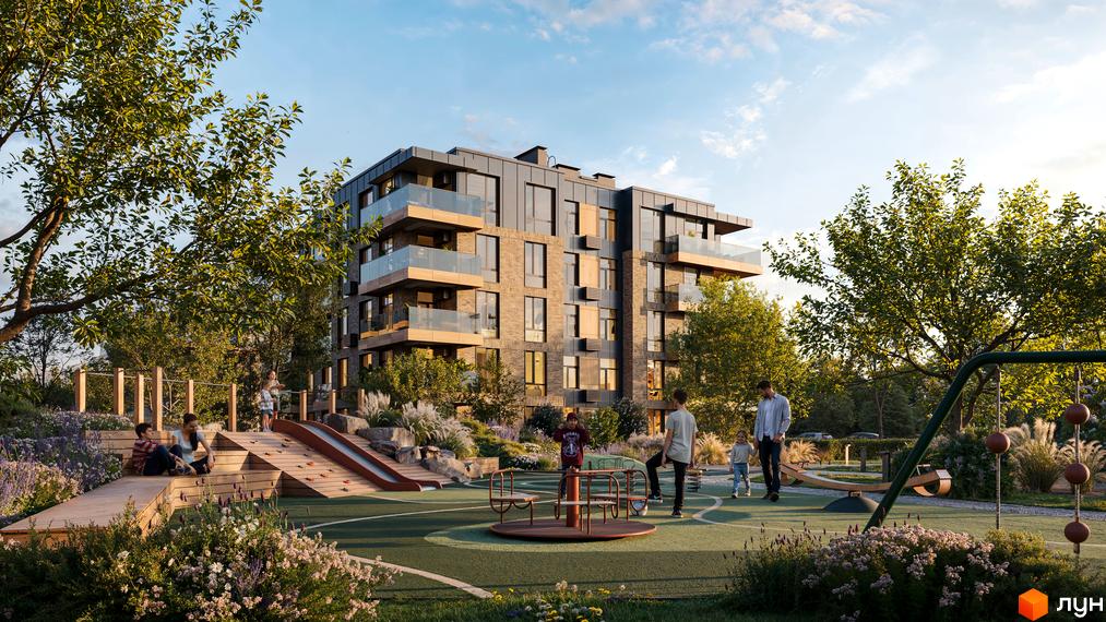 Житловий комплекс Park House з цегляним фасадом та скляними балконами. Поруч дитячий майданчик з гіркою та каруселлю.