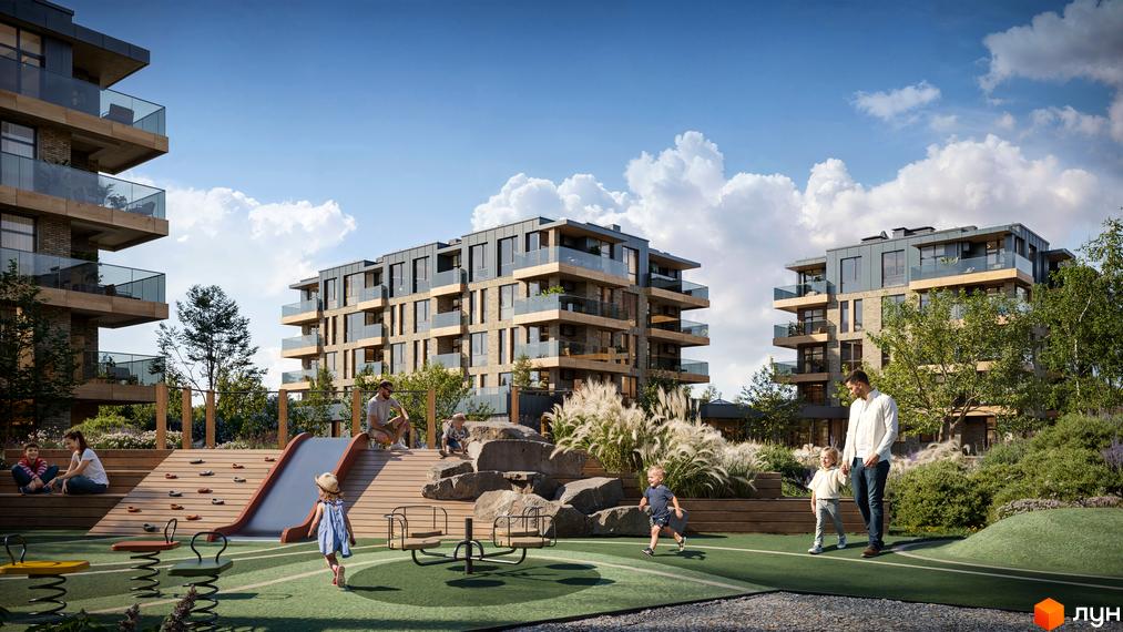 Житловий комплекс Park House з просторими балконами та дитячим майданчиком. Архітектура з використанням світлих кольорів та природних матеріалів.