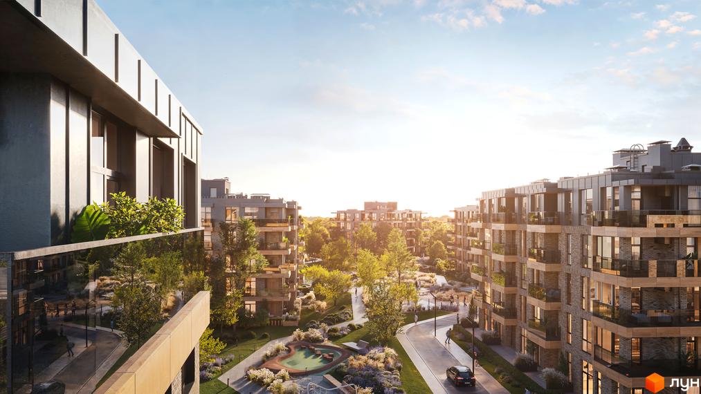 Житловий комплекс Park House з багатоповерховими будинками та доглянутою прибудинковою територією з зеленими зонами та місцями для відпочинку.