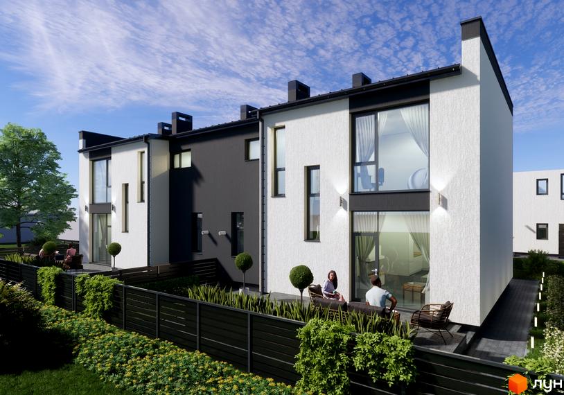 Зовнішній вигляд котеджного містечка КМ Central Town з білими та сірими фасадами, великими вікнами та терасами. На прибудинковій території розташовані зелені насадження та зона відпочинку.