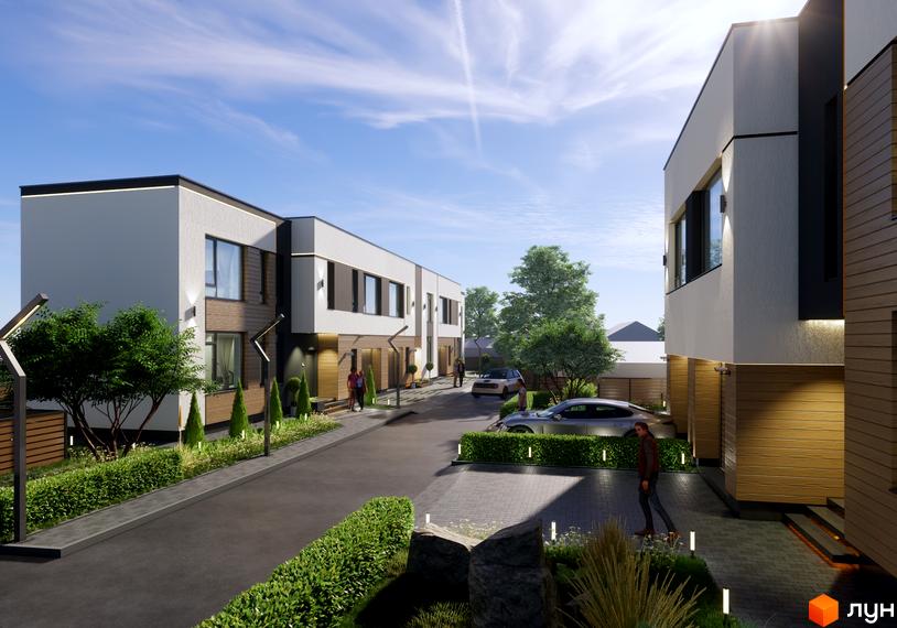 Котеджне містечко Central Town: фасади будинків з дерев'яними елементами та великими вікнами, доглянута прибудинкова територія з зеленими насадженнями та доріжками.