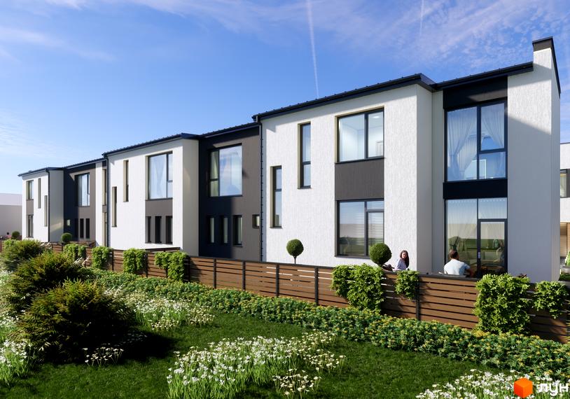 Котеджне містечко Central Town: фасади будинків з великими вікнами та терасами, зелена прибудинкова територія з клумбами та парканом.