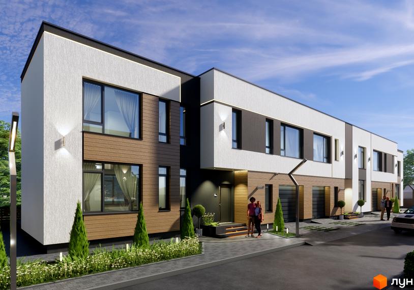 Котеджне містечко Central Town: фасади будинків з білою та дерев'яною обробкою, великі вікна, сучасне освітлення, доглянута прибудинкова територія з рослинністю.