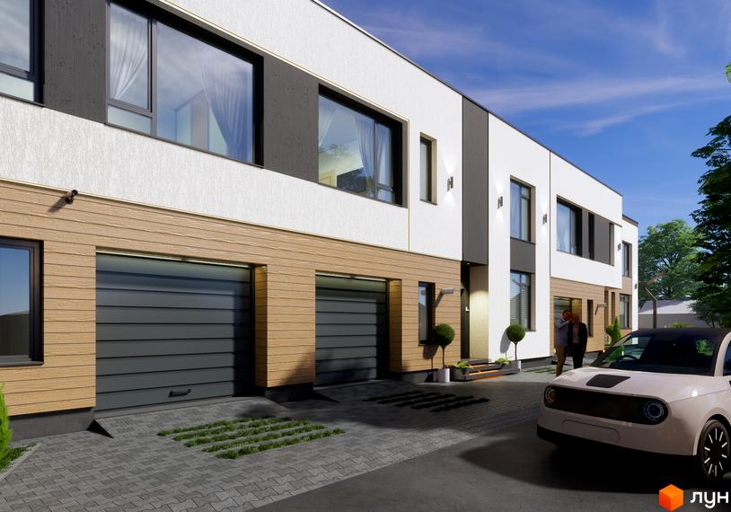 Котеджне містечко Central Town: фасади будинків з дерев'яними елементами та гаражними воротами, прибудинкова територія з бруківкою та зеленню.