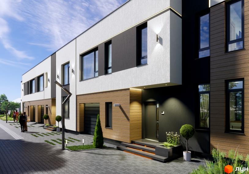 Котеджне містечко Central Town: фасади будинків з дерев'яними елементами та панорамними вікнами, освітлена прибудинкова територія з доріжками та зеленими насадженнями.