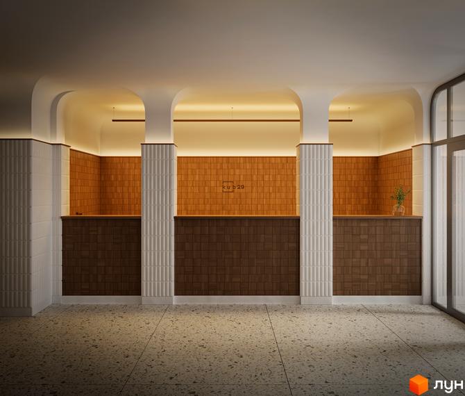 Інтер'єр сторінки житлового комплексу Kub29. Світлий простір з дерев'яними панелями та колонами, що створюють атмосферу затишку та елегантності.