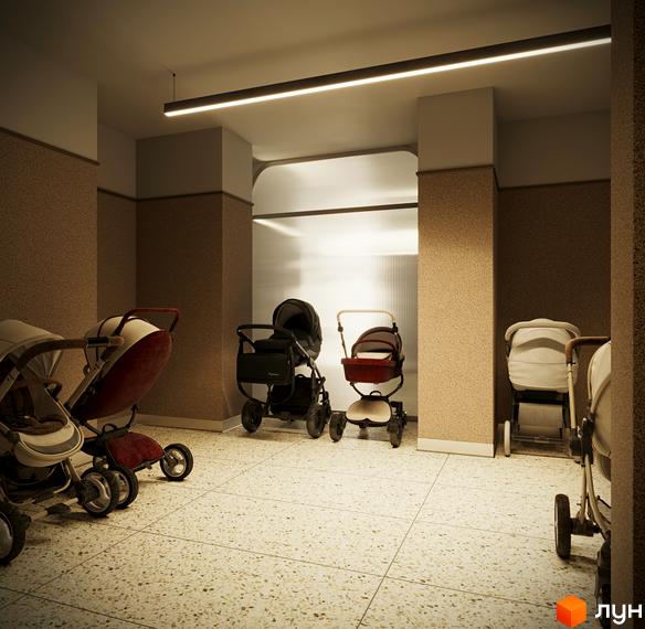 Коридор в житловому комплексі Kub29 з місцем для зберігання дитячих візочків, світлодіодним освітленням та підлогою з тераццо.