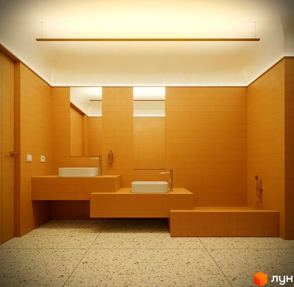 Інтер'єр ванної кімнати в новобудові. Помаранчеві стіни з плиткою, підлога з тераццо, білі раковини та мінімалістичний дизайн.