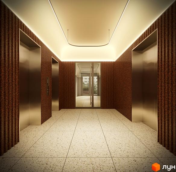 Коридор в новобудові Kub29 з ліфтами, оздоблений декоративними панелями з підсвіткою та світлою підлогою.