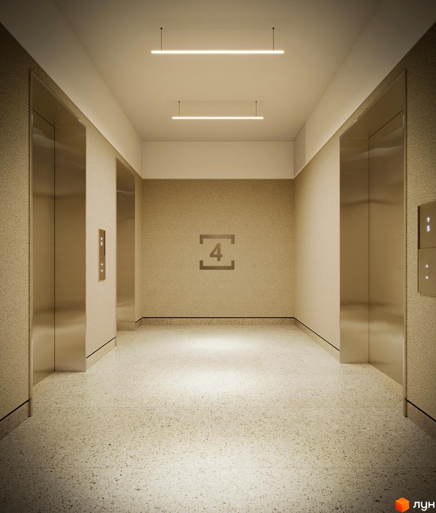 Сучасний коридор з двома ліфтами та номером поверху 