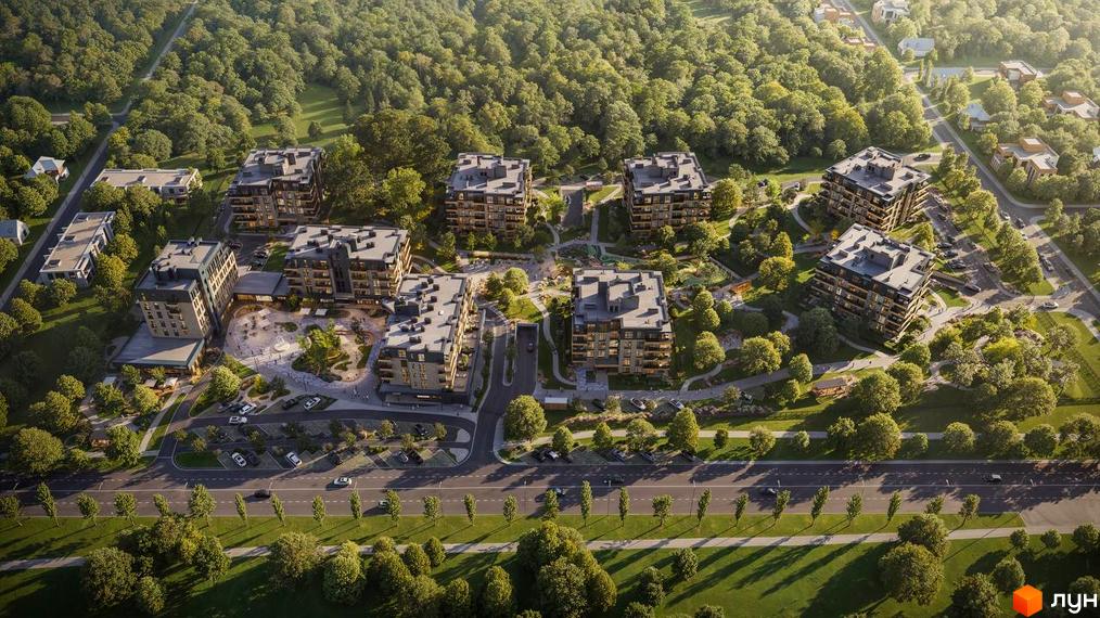 Житловий комплекс Park House з багатоповерховими будинками та доглянутою прибудинковою територією з деревами та зонами відпочинку.