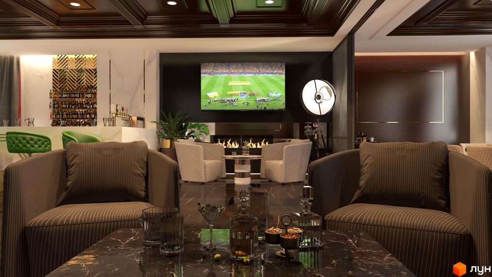 Linden Luxury Residences: інтер'єр лаунж-зони з каміном, баром та великим екраном. Затишна атмосфера для відпочинку та перегляду спортивних подій.