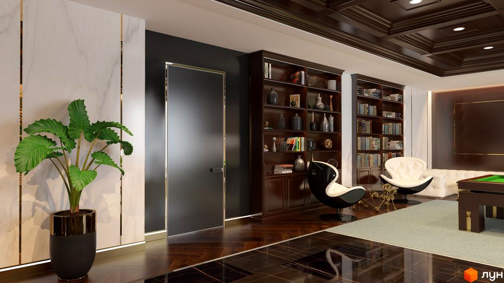 Інтер'єр вітальні в Linden Luxury Residences з мармуровими стінами, двома книжковими шафами та дизайнерськими кріслами. Наявність більярдної зони та зеленої зони з рослинами.