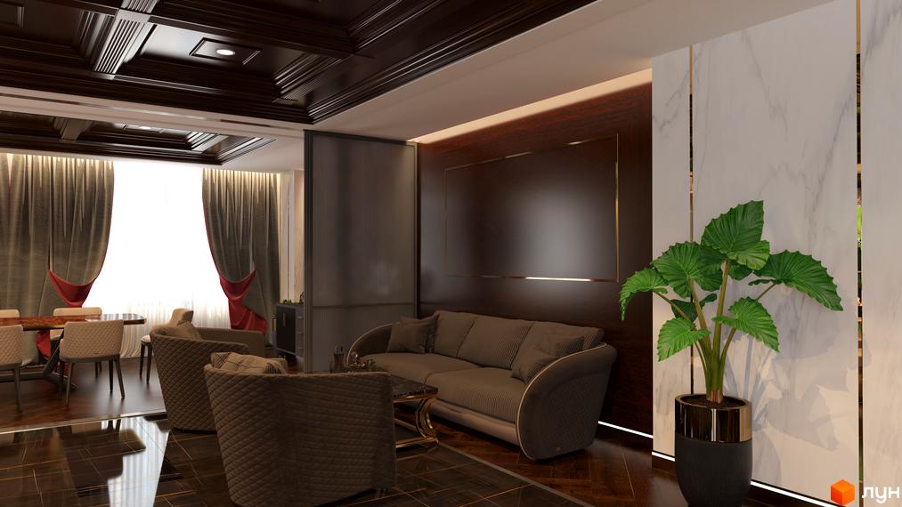 Інтер'єр вітальні в житловому комплексі Linden Luxury Residences. Простора вітальня з диваном, кріслами та обідньою зоною біля вікна.