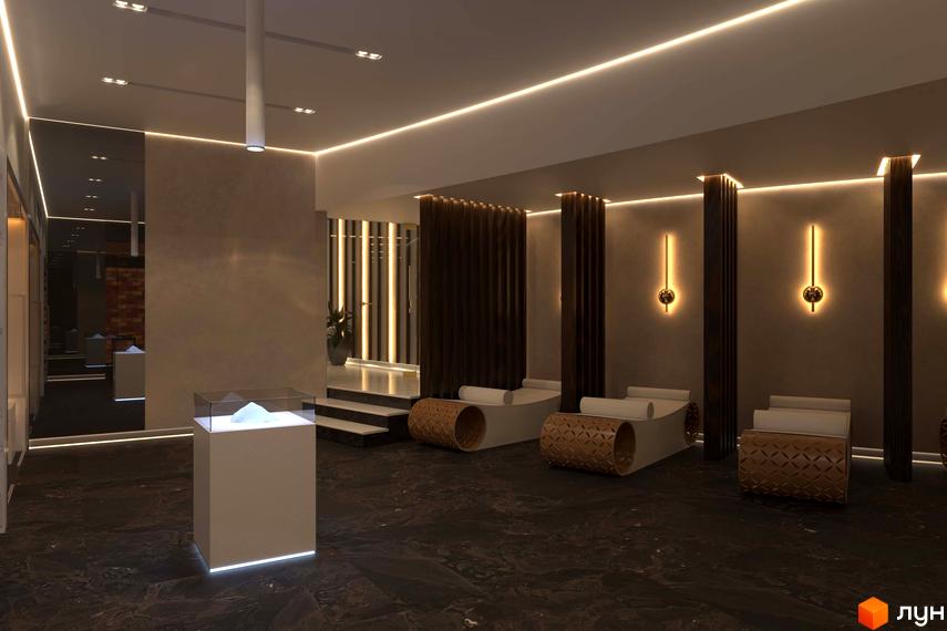 Інтер'єр зони відпочинку в житловому комплексі Linden Luxury Residences. Сучасні лежаки та декоративні елементи створюють атмосферу релаксу.