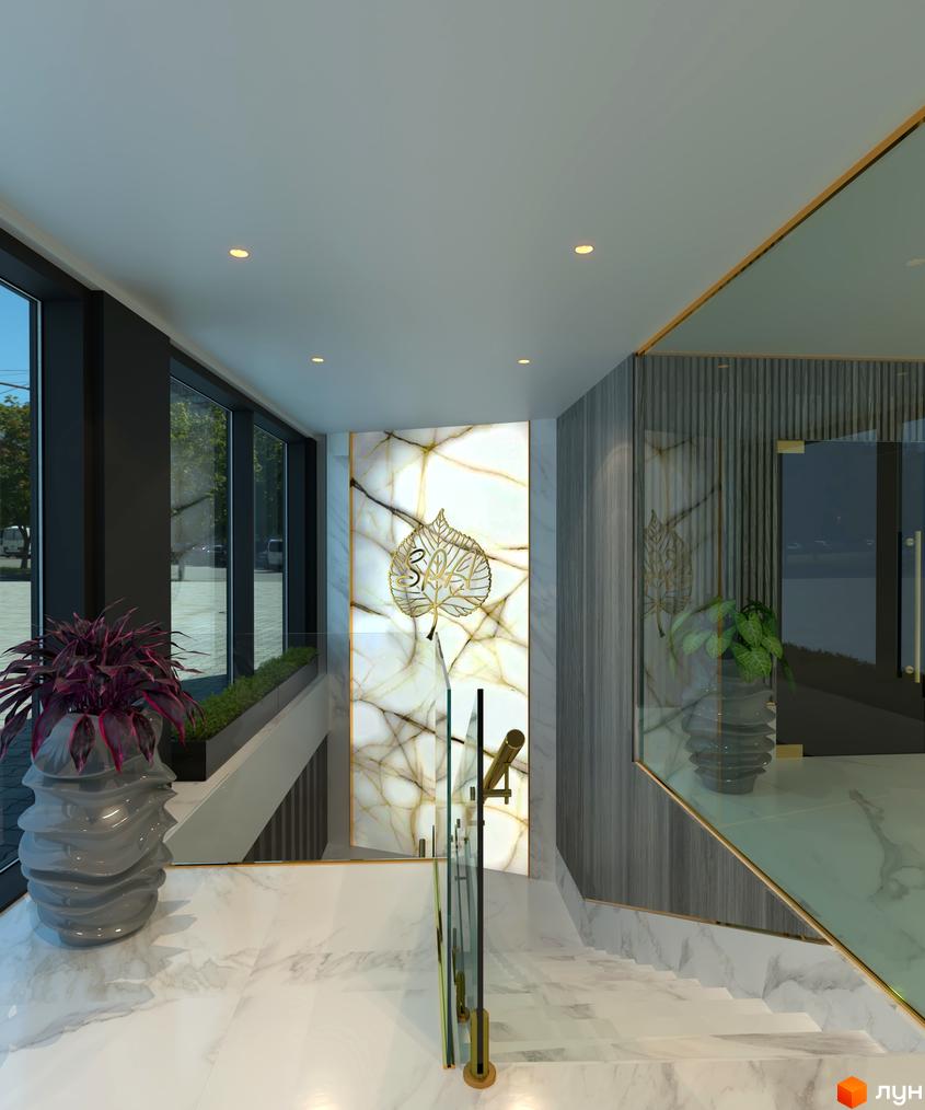 Інтер'єр Linden Luxury Residences: мармурові сходи та підсвітка стіни з логотипом. Сучасний дизайн холу новобудови.