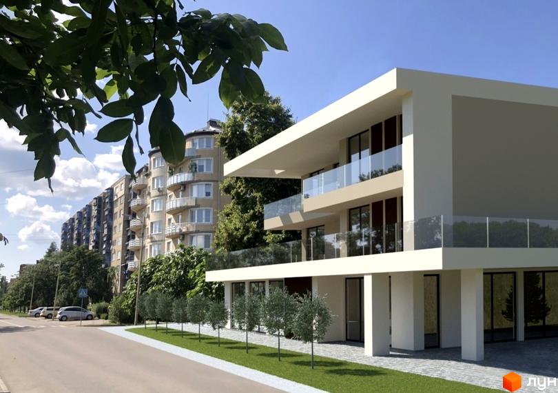 Будинок ЖК Comfort Residence з панорамними вікнами та скляними балконами на тлі міської забудови. Зелена прибудинкова територія з деревами та газоном.