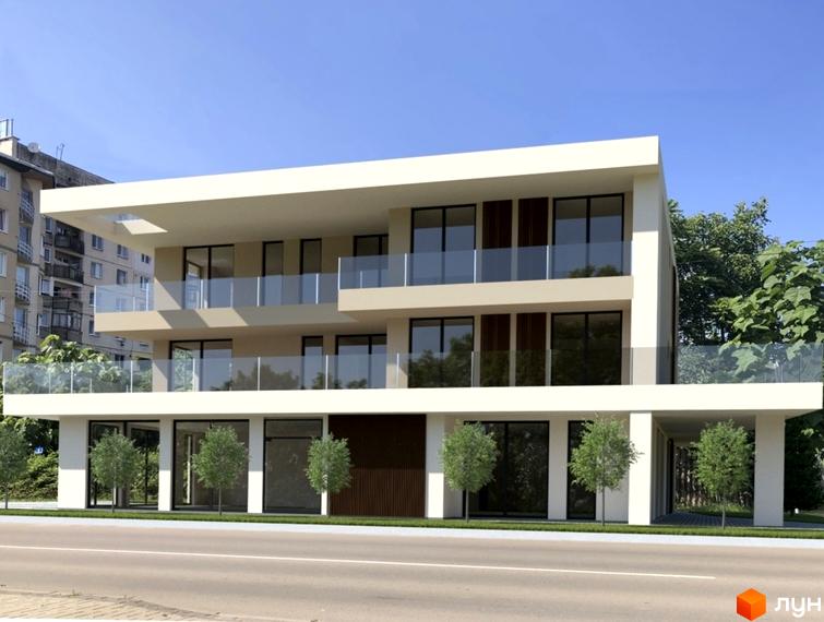 Сучасна новобудова ЖК Comfort Residence з скляними балконами та великими вікнами. Поруч зелені дерева та міська забудова.