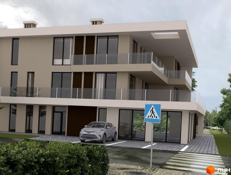 Фасад житлового комплексу Comfort Residence з панорамними вікнами та балконами. Поруч розташована прибудинкова територія з парковкою та пішохідним переходом.