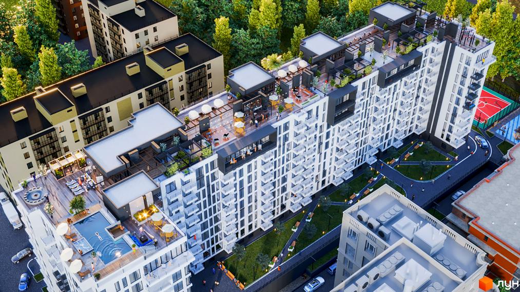 Житловий комплекс SKYLINE з басейном та зонами відпочинку на даху. Навколо комплексу зелена територія з лавками та доріжками.
