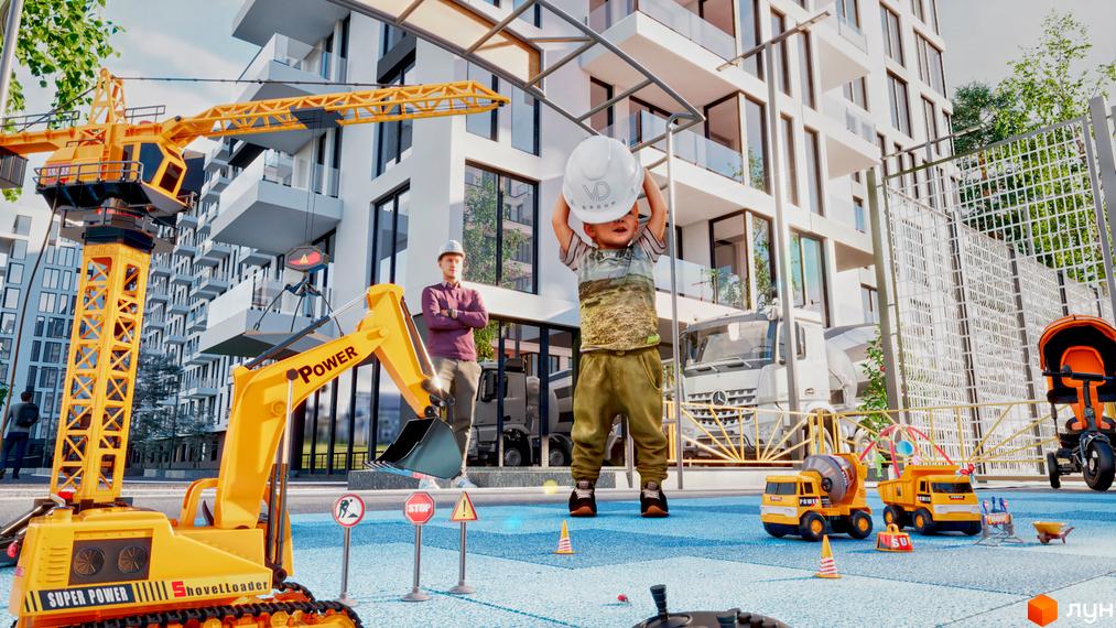 Житловий комплекс SKYLINE: біла багатоповерхівка з балконами та скляними фасадами. На прибудинковій території дитячий майданчик з іграшковою будівельною технікою.