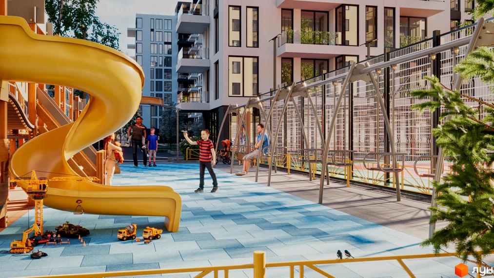 Дитячий майданчик біля новобудови ЖК SKYLINE з гіркою та гойдалками. На території комплексу розташовані сучасні будинки та зелені насадження.