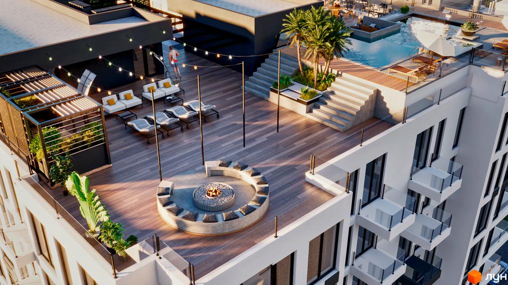 Житловий комплекс SKYLINE з просторою терасою, зоною відпочинку з вогнищем та басейном. Сучасний будинок з балконами та оглядовим майданчиком.