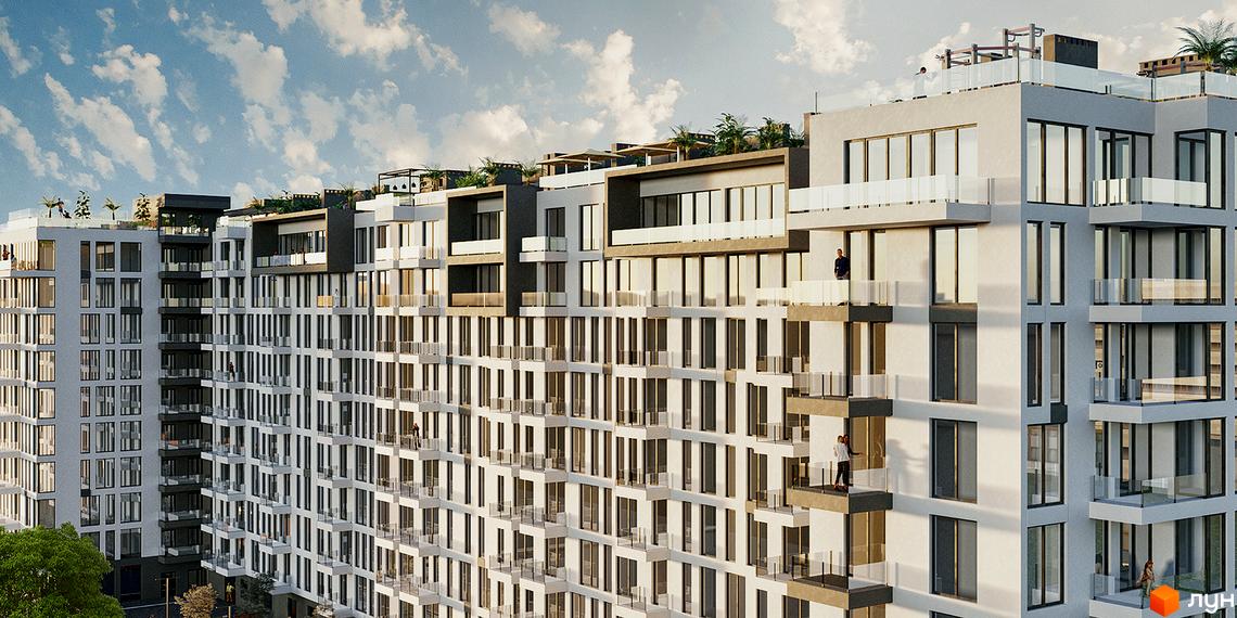 Зовнішній вигляд житлового комплексу SKYLINE з численними балконами та великими вікнами. Навколо будівлі видно зелені насадження та елементи благоустрою.