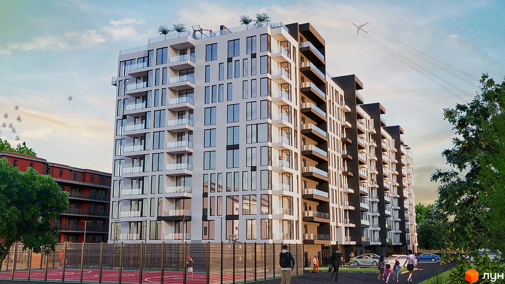 Новобудова ЖК SKYLINE з панорамними вікнами та балконами, поруч спортивний майданчик та парковка.