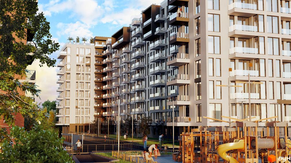 Житловий комплекс SKYLINE з багатоповерховими будинками та балконами, поруч дитячий майданчик та зелена зона.