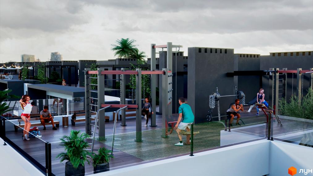 Житловий комплекс SKYLINE із зоною для тренувань на даху. На території комплексу розташовані тренажери, зони відпочинку та зелені насадження.