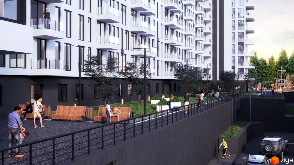 Житловий комплекс SKYLINE з білими фасадами та скляними балконами, зеленою прибудинковою територією та місцями для відпочинку.