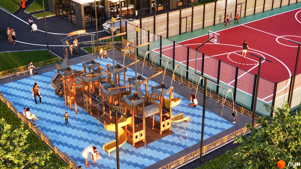 Житловий комплекс SKYLINE з дитячим майданчиком та баскетбольним полем. На території комплексу розташовані зони для відпочинку та спорту.