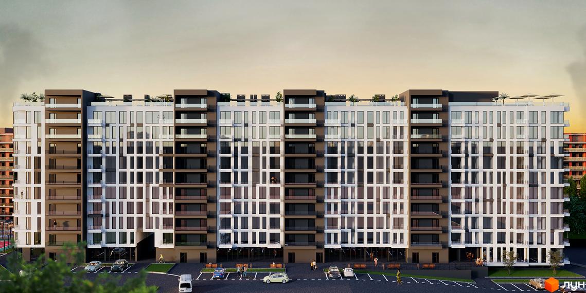 Новобудова ЖК SKYLINE з біло-коричневим фасадом, великою кількістю вікон та балконів. На прибудинковій території розташовані парковка та зелені насадження.