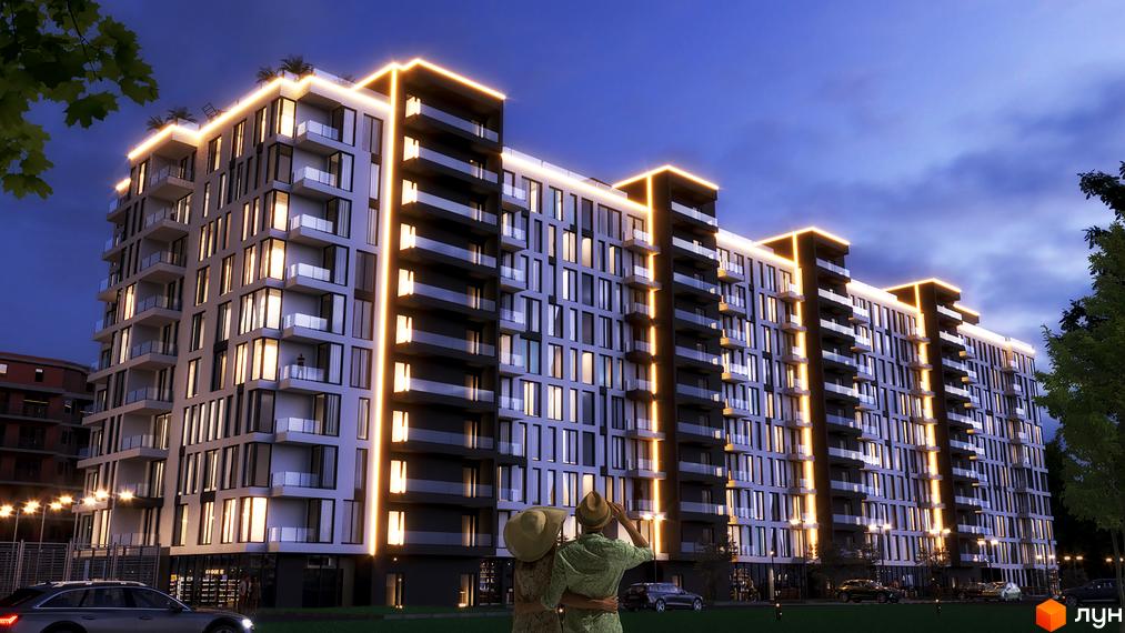 Житловий комплекс SKYLINE з підсвіченими фасадами та балконами, вечірній вид на новобудову з прибудинковою територією та людьми, що милуються краєвидом.