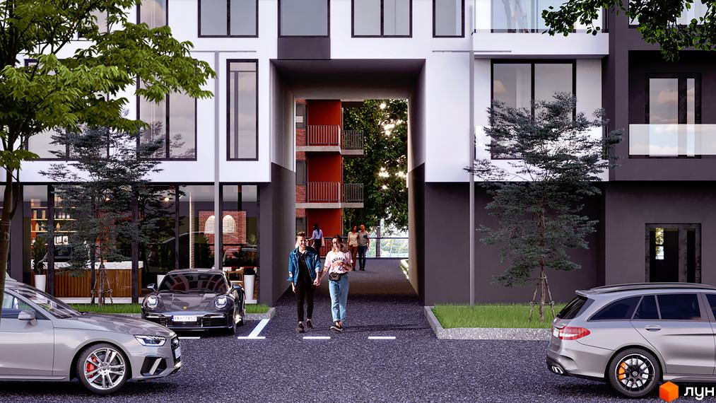 Житловий комплекс SKYLINE з архітектурою у сірих та білих тонах, з великими вікнами та проходом між будинками. На прибудинковій території розташовані дерева та автомобілі.