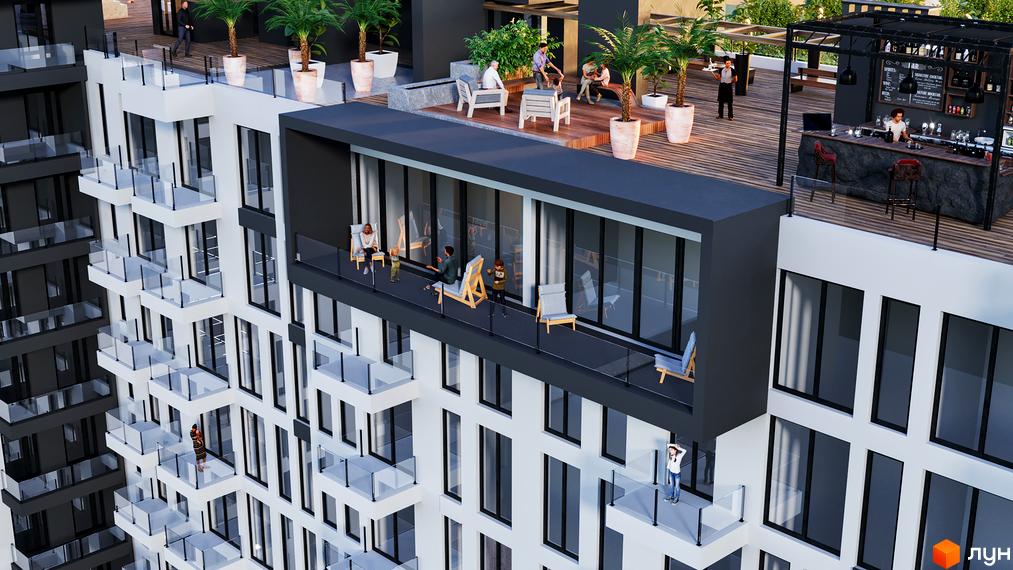 Житловий комплекс SKYLINE з терасами та зонами відпочинку на даху. Сучасна архітектура та панорамне скління.