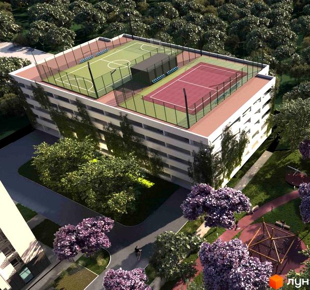 Житловий комплекс Edem Перлина Проскурова-4 з спортивними майданчиками на даху та зоною відпочинку навколо.