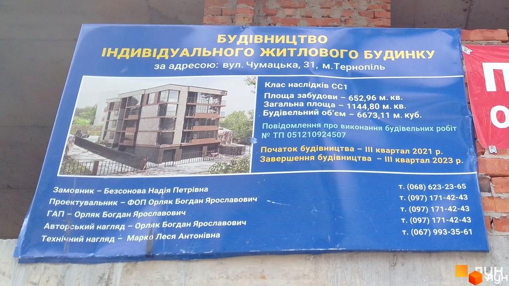 Фото багатоповерхового житлового будинку з балконами та великими вікнами на будівельному майданчику по вул. Чумацька, 31, м. Тернопіль. Поруч видно дерева та огорожу.