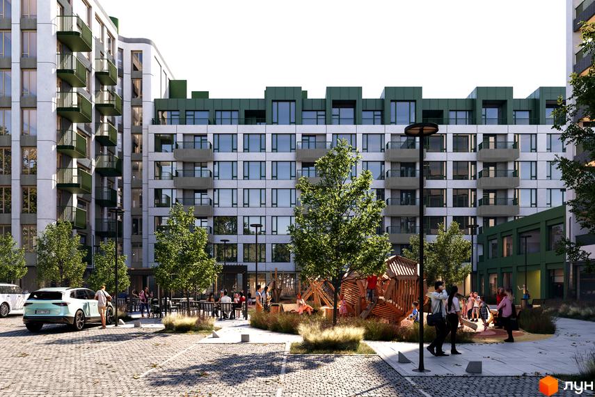 Житловий комплекс Lypynsky з фасадами світлих відтінків та зеленими балконами. На території дитячий майданчик та зона відпочинку з деревами.