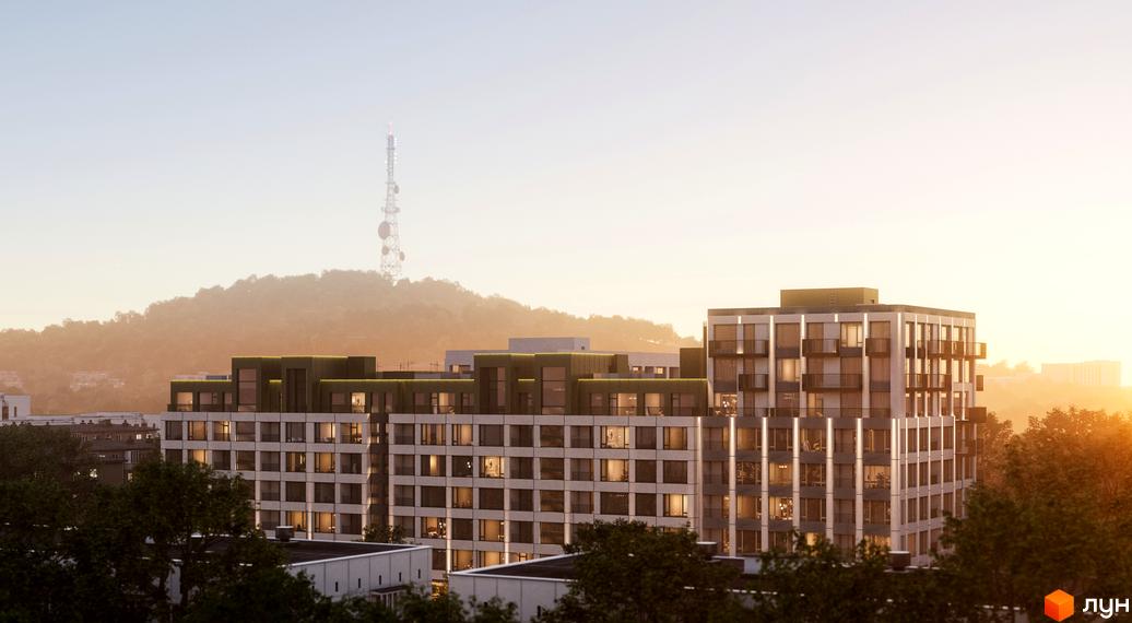Високоповерховий будинок ЖК Lypynsky з великими вікнами та балконами. На фоні видно пагорб з телевежею та зелені насадження.