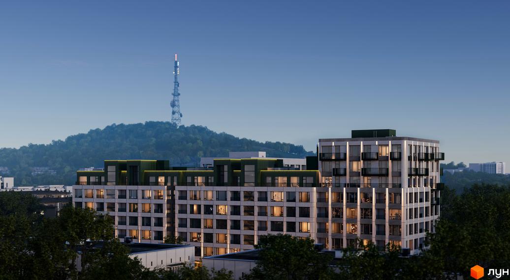 Вид на багатоповерховий будинок ЖК Lypynsky з фасадом у світлих тонах та балконами. На фоні зелений пагорб та телевежа.