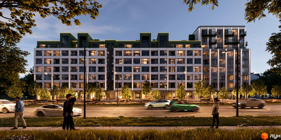 Багатоповерховий будинок ЖК Lypynsky з великими вікнами та зеленими дахами. На передньому плані люди, дорога з автомобілями та зелена зона.