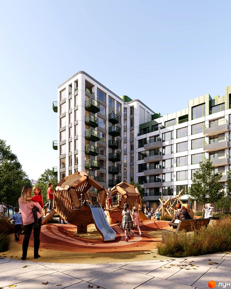 Високий будинок ЖК Lypynsky з балконами та дитячим майданчиком у дворі. На території комплексу є гірки, гойдалки та місця для відпочинку.