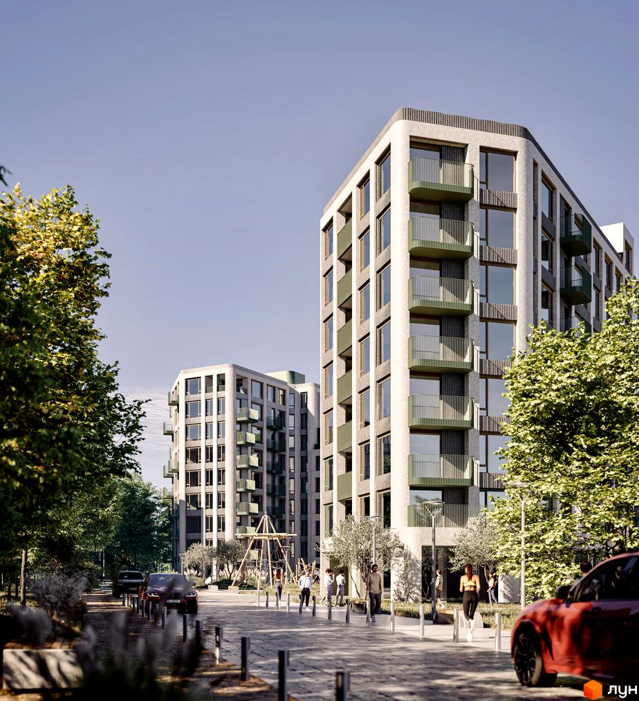 Житловий комплекс Lypynsky з будинками з світлою обробкою та зеленими балконами. На території є пішохідна зона, дерева, та припарковані автомобілі.