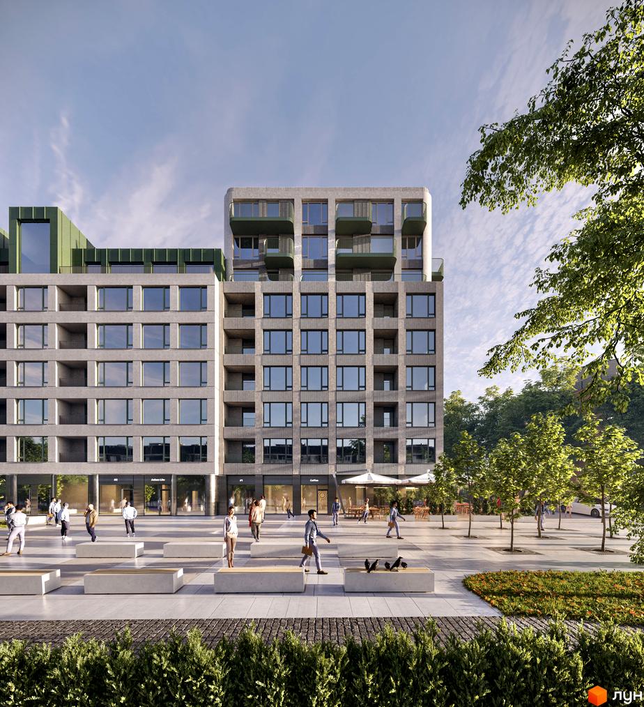 Багатоповерховий будинок ЖК Lypynsky з фасадом у світлих тонах. На прибудинковій території лавки, дерева та зелені насадження.